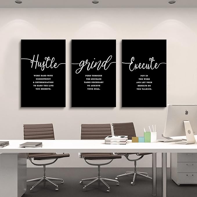 Hustle Grand Slogan Poster,Gift for Boss, Present for Father, Framed Canvas Wall Art Success Quote, Office Wall Art, Black Large Poster, Inspirational Print (F-3pcs,16x24inchx3pcs)-StrideForce Fitness