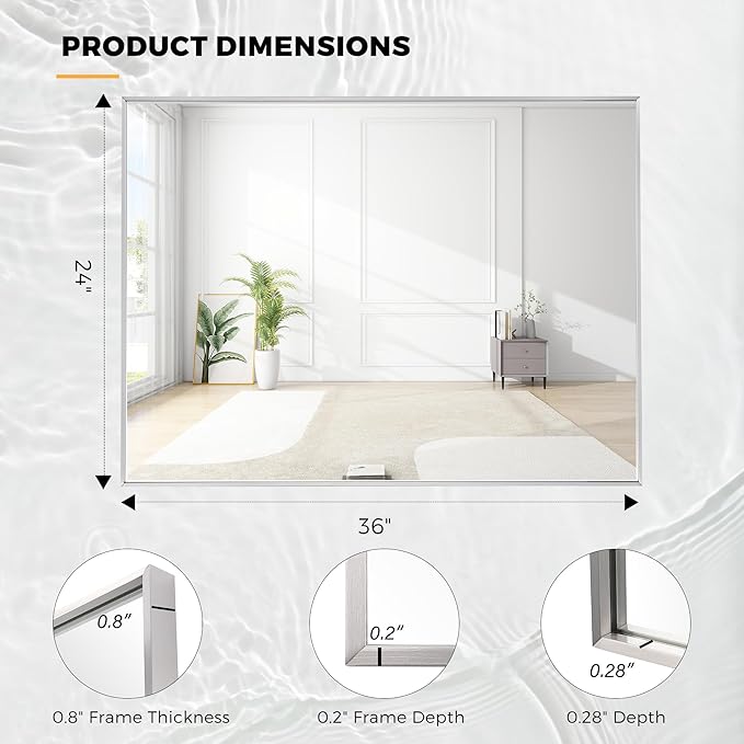 24x36 Inch Nickel Bathroom Mirror for Wall, Aluminum Frame Rectangle Rectangular Vanity Mirror, Modern Large for Bedroom, Living Room, Horizontal or Vertical-StrideForce Fitness