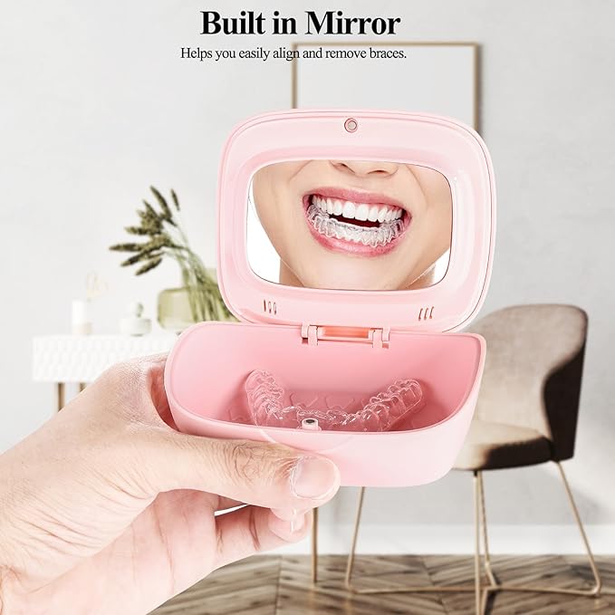 Retainer Case With Mirror,Compatible with Invisalign,Vent Holes,Contain Remover Tool,Cleaning Brush,Chewies for Invisalign