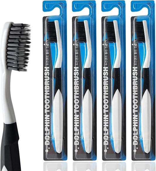 Dolphin Charcoal Toothbrush Extra Soft Bristle Manual Soft Long Flossing, Ultra Clean Toothbrush, Good for Sensitive Teeth and Gums (Black, Charcoal 4 Packs)