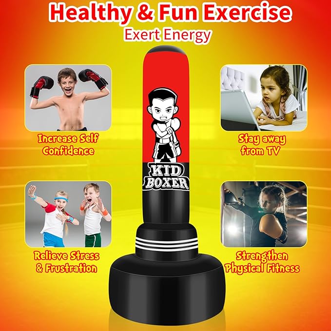 Punching Bag for Kids Set 65" Large Three-Tier Design Stable, Inflatable Boxing Bag Set Toy with Boxing Gloves and Electric Air Pump, Kid Standing Bag for Boys Girls Age 3-15 Training Karate..-StrideForce Fitness