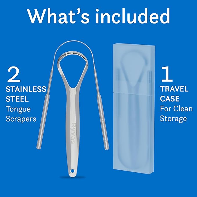Ryvas Tongue Scraper for Adults (2-Pack) with Travel Case – Dual-Edge Oral Care Tool, Stainless Steel Design for Fresh Breath & Daily Hygiene