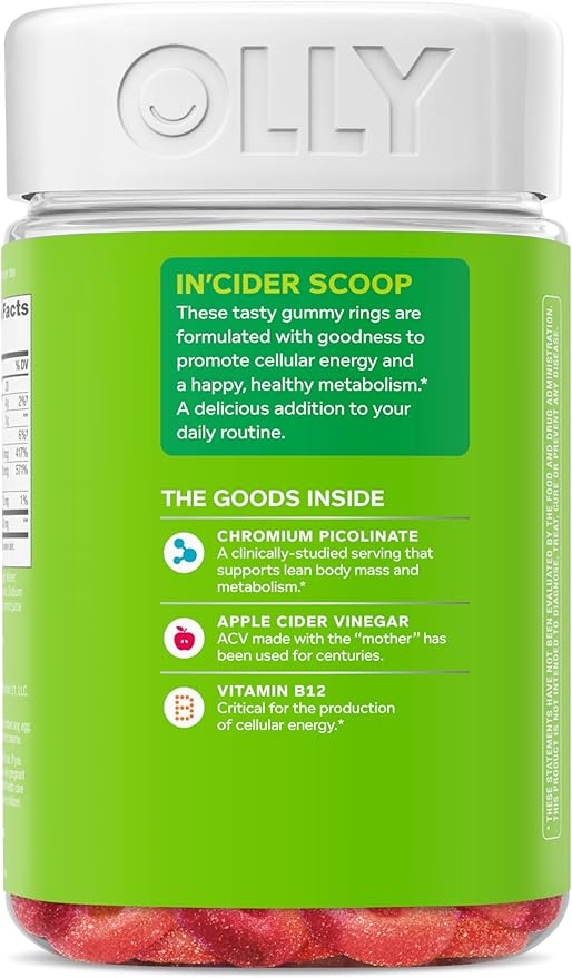 OLLY Metabolism Gummy Rings, Metabolism and Cellular Energy Chewable Supplement,* Apple Cider Vinegar, Vitamin B12, Chromium Picolinate, Apple Flavored, 60 Day Supply - 60 Count-StrideForce Fitness