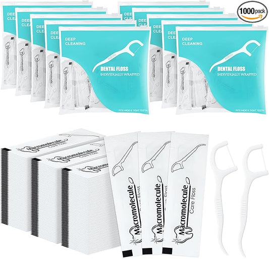 Individually Wrapped Dental Floss Picks Bulk Disposable Flossing Sticks Teeth Cleaning and Oral Care Travel Size Dental Tooth Floss Pack for Hotels, Weddings, Guests & Business Single Use (1000 Pack)