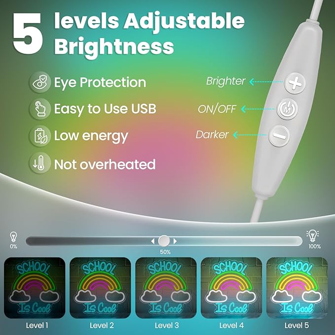 School is Cool Neon Sign,Classroom Neon Sign,Reading Rainbow Sign,USB Powered with Dimmable Switch,Neon Light Sign,Neon Signs for Wall Decor for Classroom,School Led Sign-StrideForce Fitness