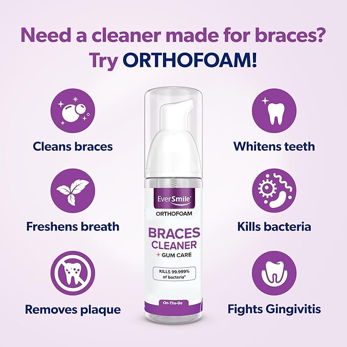 EverSmile OrthoFoam Braces Cleaner — Travel Size – Brushable Foam Whitens Teeth, Eliminates Bacteria, Fights Plaque and Bad Breath – Cleans Under Metal, Ceramic, Clear Brackets and Wires – 25ml(4 Pk)