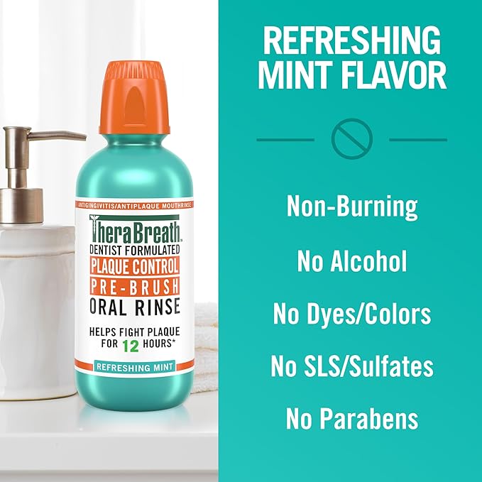TheraBreath Plaque Control Pre-Brush Oral Rinse, Refreshing Mint Flavor, Antigingivitis and Antiplaque Rinse, Dentist Formulated, Alcohol Free, 16 Fl Oz (Pack of 2)