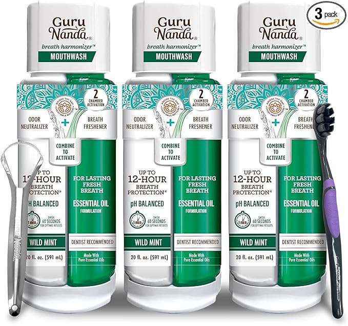GuruNanda Dual Barrel Breath Harmonizer Mouthwash - Freshens Breath - Alcohol & Fluoride Free with Sodium Chlorite & Essential Oils - Wild Mint Flavor, 3 Pack