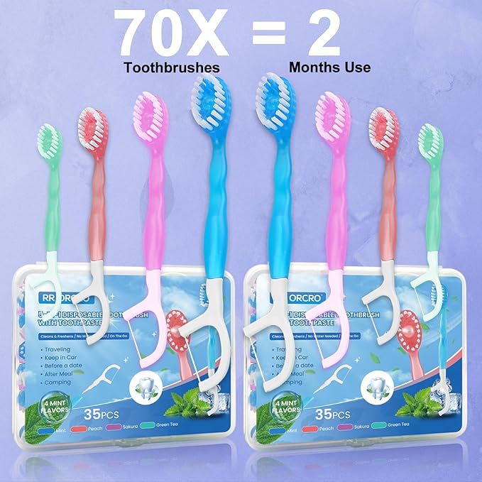 70Pack Mini Disposable Toothbrushes with Toothpaste Tongue Scraper Floss Pick 5-in-1 Single Use Portable Travel Toothbrush Individually Wrapped Box Small Prepasted Travel Toothbrush for Kids Adult ﻿