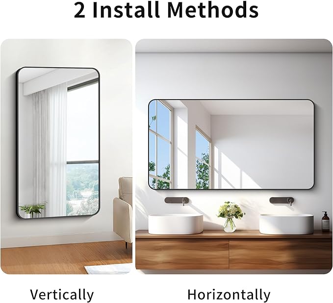 30x55 inch Bathroom Mirror,Black Rectangle Mirror,Wall Mounted Bathroom Frame Vanity Mirror with Round Corner for Bedroom Living Room, Entryway Hangs Horizontal or Vertical-StrideForce Fitness