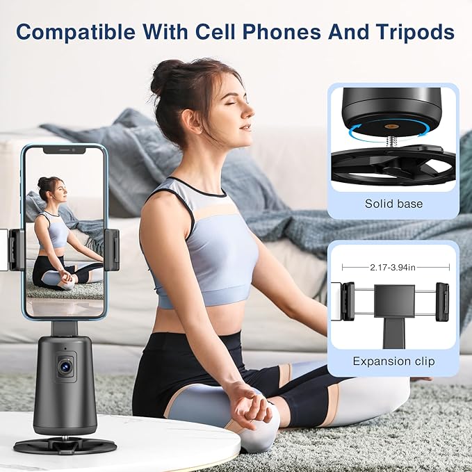 Auto Face Tracking Tripod 360° Rotating Cell Phone Photo and Video Kits Stand, No App, Camera Stand with Remote and Gesture Control, Rechargeable Smart Shooting Stand for Live Recording Tiktok（Black）-StrideForce Fitness