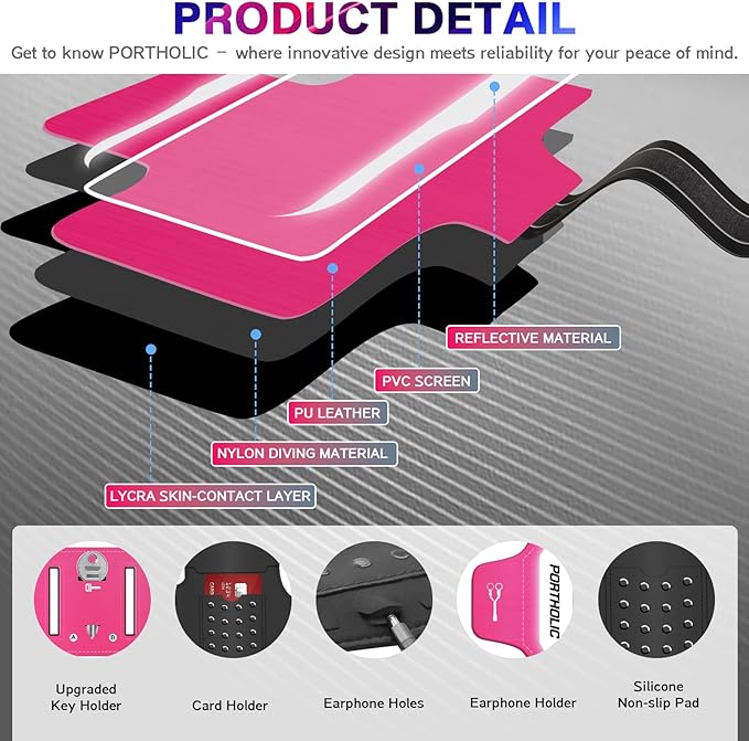 PORTHOLIC 2025 Running Armband Water Resistant Sports Phone Holder Case with Extension Strap, Key Card Slot Up to 6.9" Phone for iPhone 17/16/15/14/13 Plus Air Pro Max XR/XS, Galaxy S25/24/S10-StrideForce Fitness