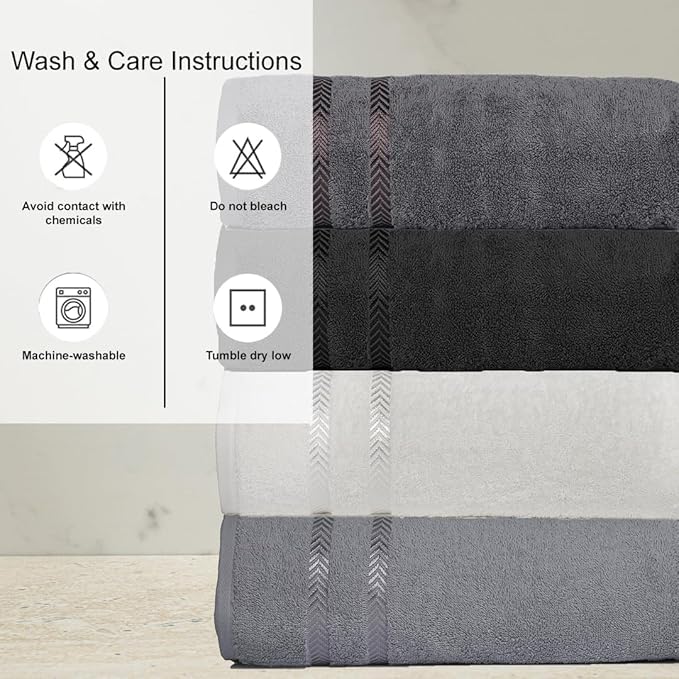 CASA COPENHAGEN Ember, 500 GSM, 27x55 Inches Large Bath Towels, Set of 4 Towels, Super Soft and Absorbent, Egyptian Cotton Towels for Bathroom & Shower - Light Grey +White +Black +Dark Grey-StrideForce Fitness