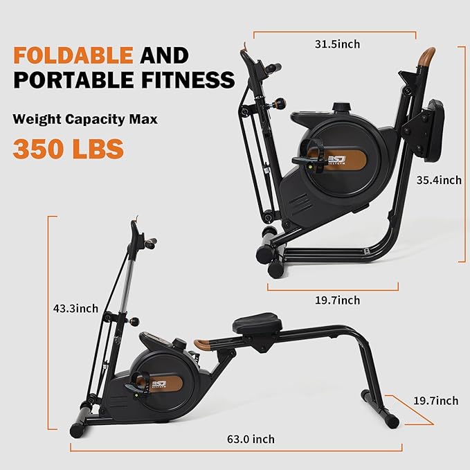 3 in 1 Rowing Machine, Dual Slide Rail 6-Level Adjustable Height with Max 350lb Weight Capacity, Home Fitness Rower for Full Body Workout, App Compatible-StrideForce Fitness