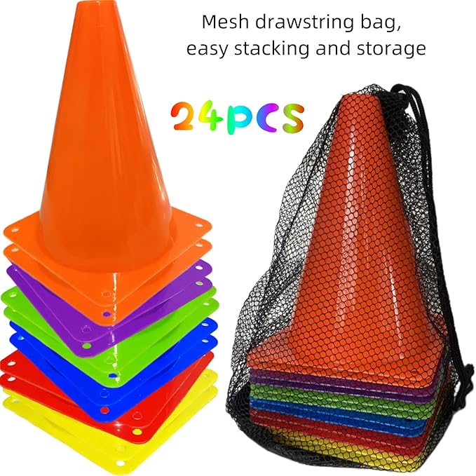 24 Pcs 7 Inch Plastic Traffic Cones, Basketball Football Drills, Skating, Sport Training Agility Markers, Indoor Outdoor Games, Multicolor-StrideForce Fitness