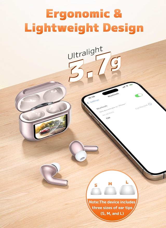 Wireless Earbuds, Bluetooth 5.4 Ear Buds with Multifunctional Touch Screen, ANC/ENC Noise Cancelling Headphones with 48H Playtime, Bass Stereo Sound, for Laptop, Android/iOS, Pad, Rose Gold-StrideForce Fitness