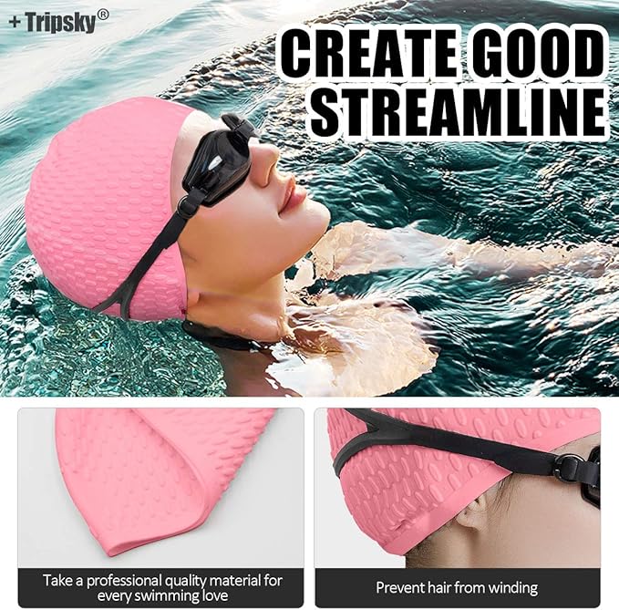 Tripsky Silicone Swim Cap,Comfortable Bathing Cap Ideal for Curly Short Medium Long Hair, Swimming Cap for Women and Men, Shower Caps Keep Hairstyle Unchanged…-StrideForce Fitness