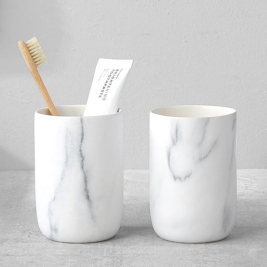Marble Toothbrush Holders - 2 Ceramic Toothbrush Holders for Bathrooms Toothbrush Toothpaste Holders Set, White Bathroom Tumbler Cups Reusable Toothbrush Mouthwash Cup, Bathroom Counter Organizer.
