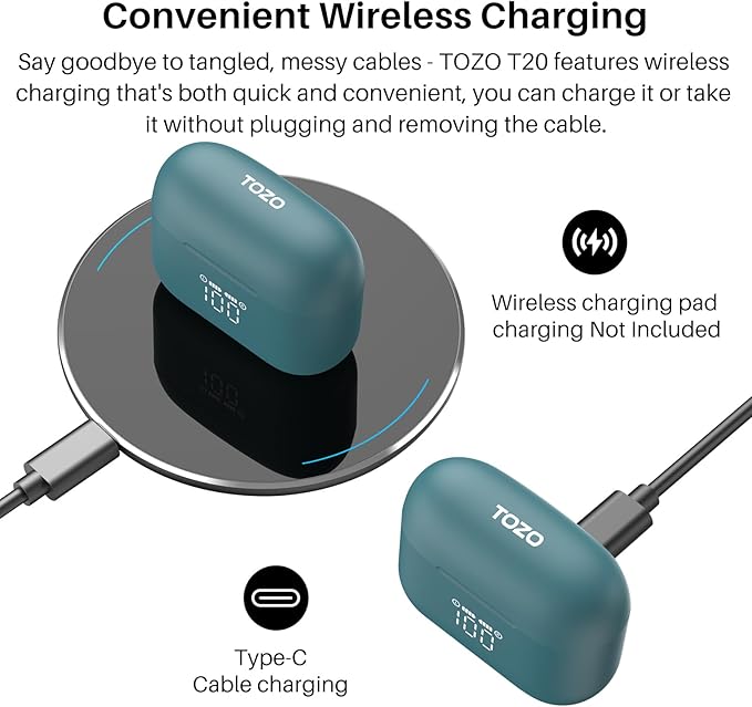 TOZO T20 Wireless Earbuds Bluetooth Headphones 48.5 Hrs Playtime with LED Digital Display, IPX8 Waterproof, Dual Mic Call Noise Cancelling 10mm Broad Range Speakers with Wireless Charging Case Green-StrideForce Fitness