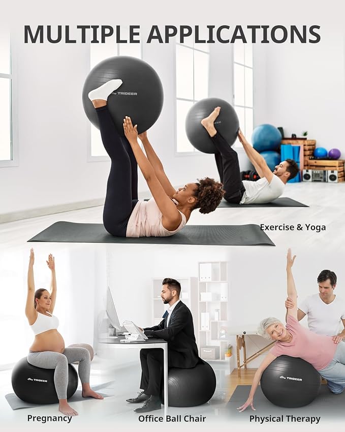 Trideer Extra Thick Yoga Ball Exercise Ball, 5 Sizes Gym Ball, Heavy Duty Ball Chair for Balance, Stability, Pregnancy, Quick Pump Included-StrideForce Fitness