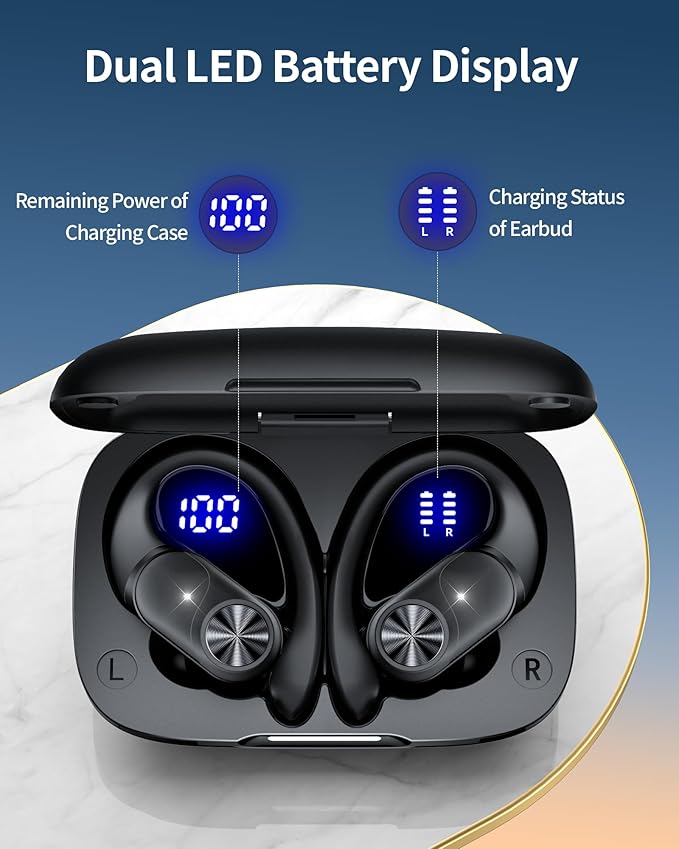 PocBuds Bluetooth Headphones Wireless Earbuds 80hrs Playtime Wireless Charging Case Digital Display Sports Ear Buds with Earhook Deep Bass IPX7 Waterproof Over-Ear Earphones for TV Phone Laptop Black-StrideForce Fitness