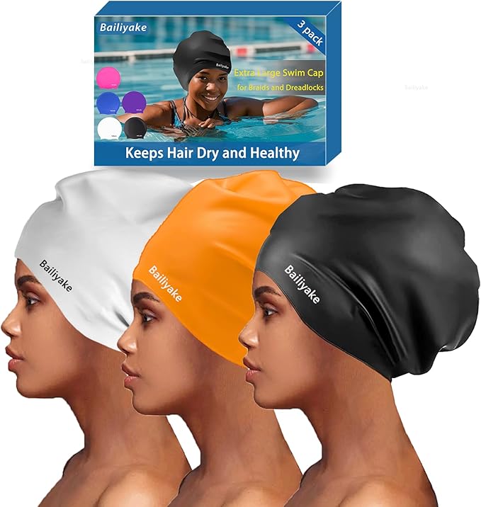 3 Pack Extra Large Swim Cap for Braids & Dreadlocks - Waterproof Silicone Swim Hat for Women with Long Thick Hair, Protective Swim Cap Cover Ears for Swimming, Shower, Bathing-StrideForce Fitness