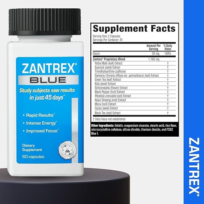 Zantrex Blue Energy & Thermogenesis Boost Energy | Weight Management Supplement for Appetite Control, Increased Calorie Burn and Supports GLP-1 Levels | 60 Capsules-StrideForce Fitness