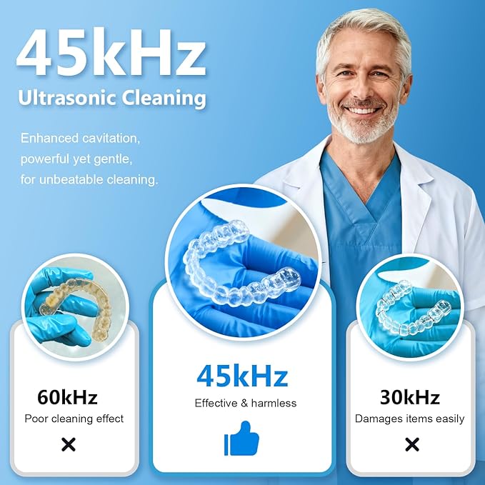 Dental Ultrasonic Retainer Cleaner Machine - Dental Cleaning Pod for Denture, Mouth Guard, Aligner, Night Guard, Braces, Toothbrush Heads, Jewelry, 45kHz Sonic Cleaner with Digital Timer & 200ML