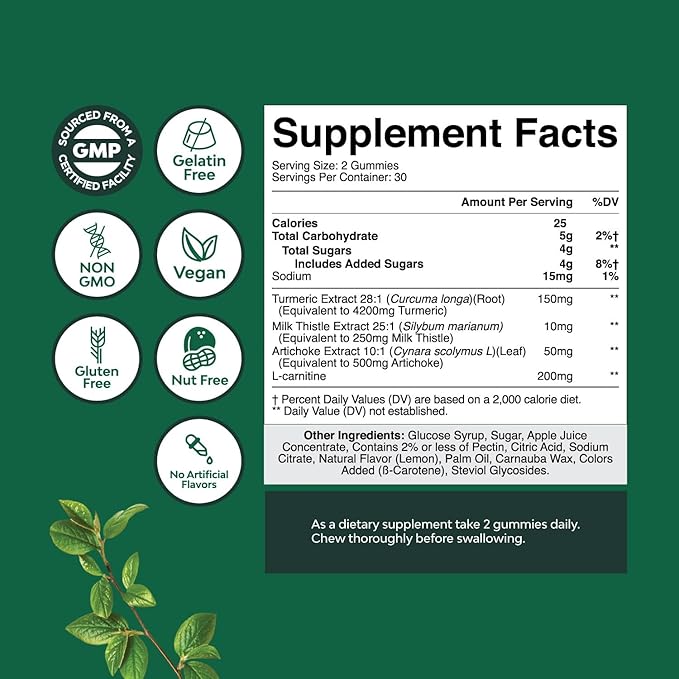 Cleansing Herbal Liver Detox Gummies Liver Support Milk Thistle Gummies with Artichoke Extract Turmeric Curcumin and L-Carnitine - Vegan and Non-GMO - Sweet Lemon (30 Servings)-StrideForce Fitness