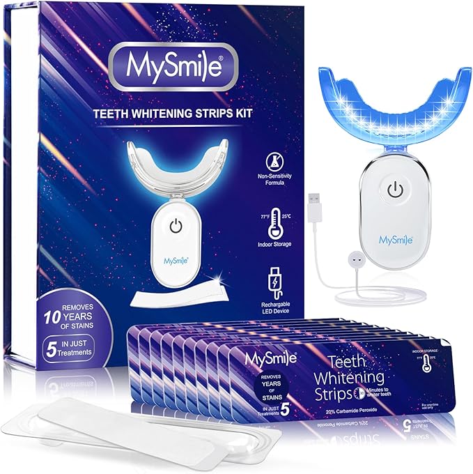 MySmile Non-Sensitive 10Pcs Teeth Whitening Strips Kit with Waterproof 28X LED Light 10-Min Fast Remove Coffee Wine Tobacco 20 Years of Stains Whitening Tooth Care Oral Safe for Enamel