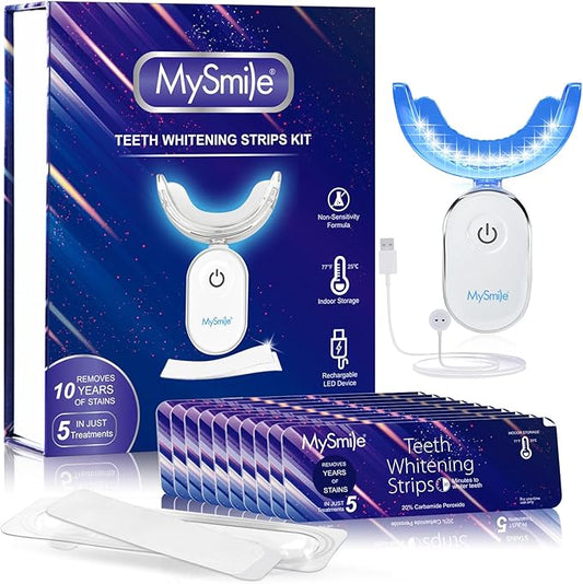 MySmile Non-Sensitive 10Pcs Teeth Whitening Strips Kit with Waterproof 28X LED Light 10-Min Fast Remove Coffee Wine Tobacco 20 Years of Stains Whitening Tooth Care Oral Safe for Enamel