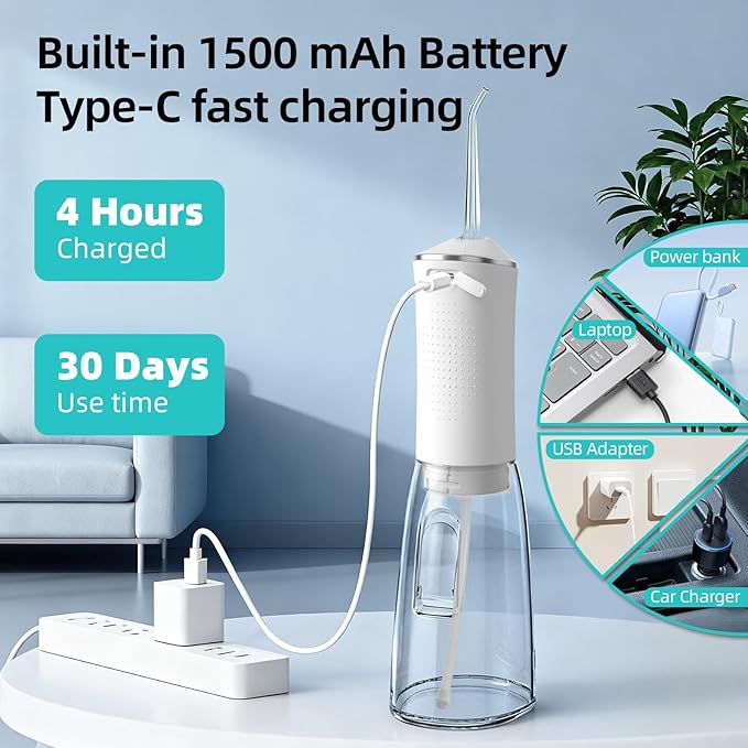 Water Flossers for Teeth, Cordless 360ML Larger Tank 4 Mode IPX7 Waterproof Oral Irrigator, Rechargeable 5 Jet Tips Dental Flosser for Brace, Implants & Sensitive Gums, Home&Travel Use