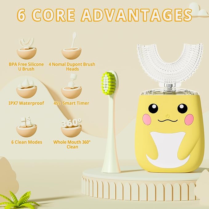 Kids Electric U Shaped Toothbrush Children Rechargeable Sonic Toothbrush with 6 Soft Brush Head Automatic Full Mouth 6 Cleaning Modes -Age2-7 Yellow