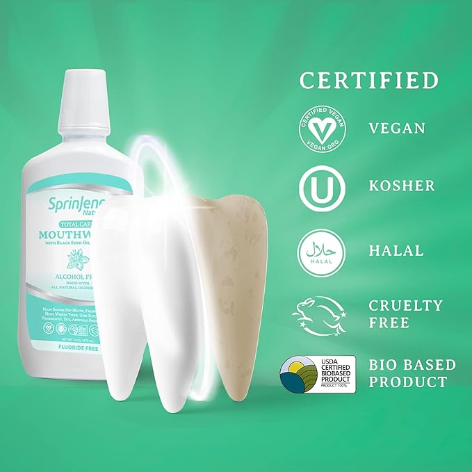 SprinJene Alcohol Free Mouthwash with Xylitol – Fluoride Free Natural Mouthwash for Dry Mouth, Whitening & Fresh Breath – Patented Black Seed Oil & Zinc Formula – Vegan & Made in The USA (2 Pack)