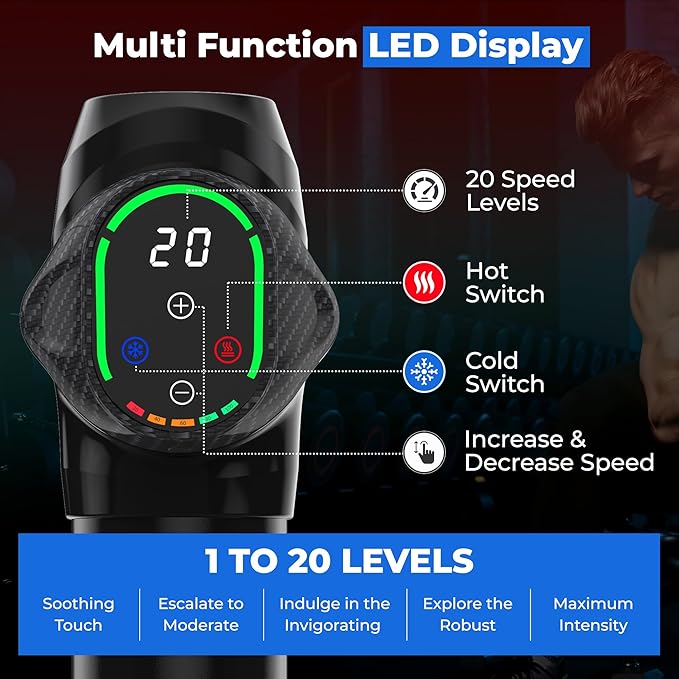 Massage Gun Deep Tissue with Heat and Cold Head, 6 Temperatures, 20 Levels & 10 Heads, Handheld Muscle Massager Gun with Carry Case, Portable Percussion Muscle Massager Gun (Black)