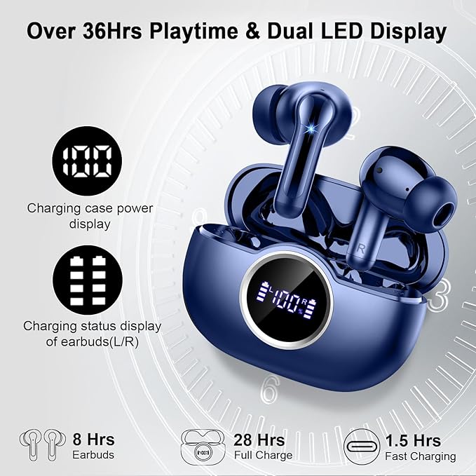 Bluetooth 5.4 Headphones, 2025 Wireless Earbuds 3D Hi-Fi Stereo Bass Ear Buds, 4 ENC Noise Cancelling Mic, 40H USB-C in-Ear Earphone Sport, 3g IP-X7 Waterproof Workout Gym for Android iOS Laptop Pad-StrideForce Fitness