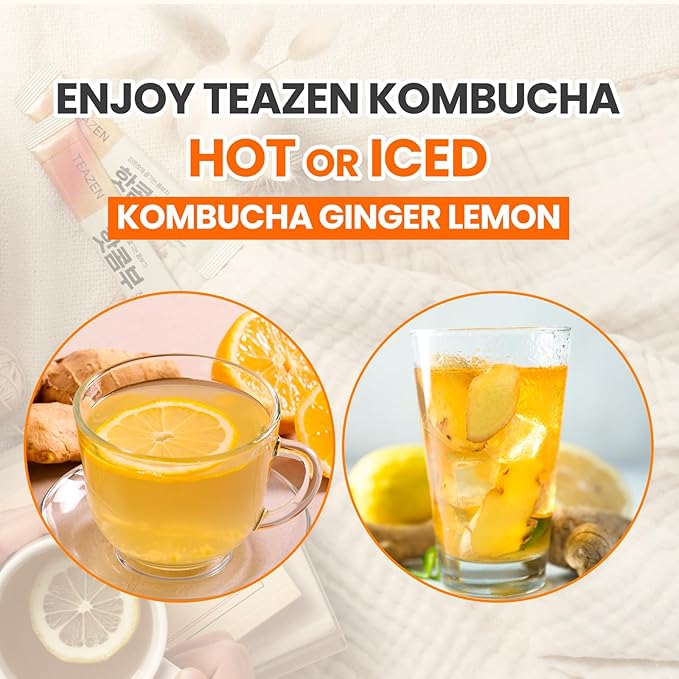 TEAZEN Lemon Ginger Hot Kombucha Tea, Live Probiotics & Postbiotics, Relaxation and Warmth for Colds and Sore Throat, Hydration Drink Mix, Sugar Free, 30 Sticks, 5.29oz-StrideForce Fitness