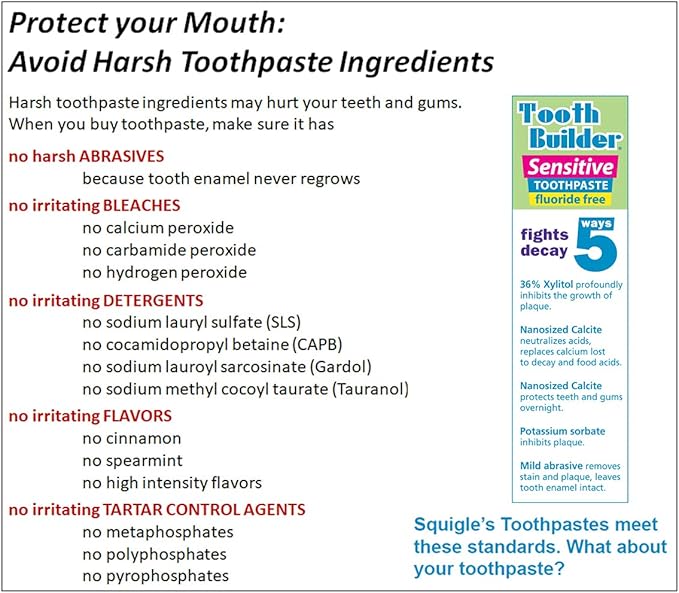 Squigle Tooth Builder SLS Free Toothpaste (Stops Tooth Sensitivity) Prevents Canker Sores, Cavities, Perioral Dermatitis, Bad Breath, Chapped Lips, 4 oz (8 Ounce (Pack of 2), Unflavored)