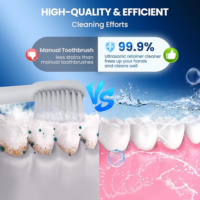 45kHz Ultrasonic Retainer Denture Cleaner Machine, Fast Cleaning for Aligners, Mouth Guards, Braces, Toothbrush Heads & Jewelry, 200ML Dental Cleaning Pod, 4 Modes & Digital Timer, White