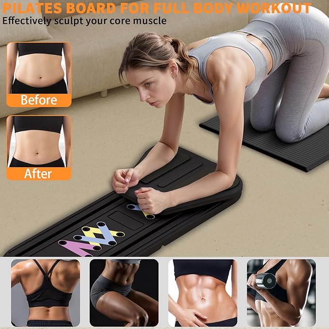 Pilates Reformer Board, 6 in 1 Portable & Foldable Pilates Reformer Set with Resistance Bands, Pilates Board for Home Workout, Multifunctional Abdominal Board-StrideForce Fitness