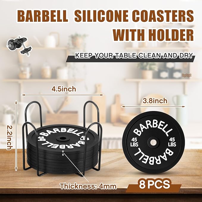 8 Pcs Barbell Bumper Plate Cool Coasters Round Silicone Coasters Weight Plate Coaster with Rack Holder for Gym Lovers Gym Accessories(Black)-StrideForce Fitness