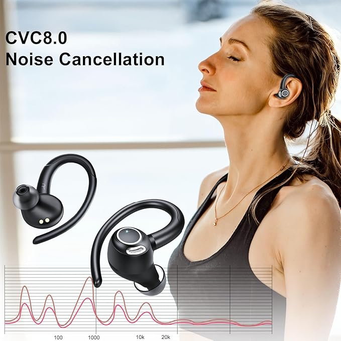 Wireless Earbuds Bluetooth 5.3 Headphones Sports, 48Hrs Playtime Bluetooth Earbuds with CVC 8.0 Mic, Stereo Bass Over Ear Bud with Earhooks, LED Display, IP7 Waterproof Earphon for Workout/Running-StrideForce Fitness