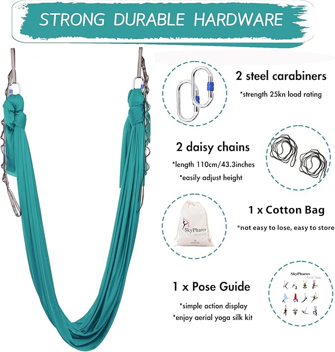 5.5 Yards Aerial Silks Yoga Swing Set - Aerial Yoga Hammock Kit Anti-Gravity Flying for Fitness, Low/Non Stretch Nylon Tricot Fabric Hardware Included for Dance-StrideForce Fitness