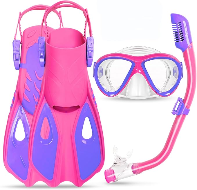 Kids Mask Fins Snorkel Set, Dry Top Snorkeling Gear for Kids Youth Boys Girls Junior Age 5-15 Tempered Glass Snorkel Mask Set Panoramic View Snorkeling Packages-StrideForce Fitness