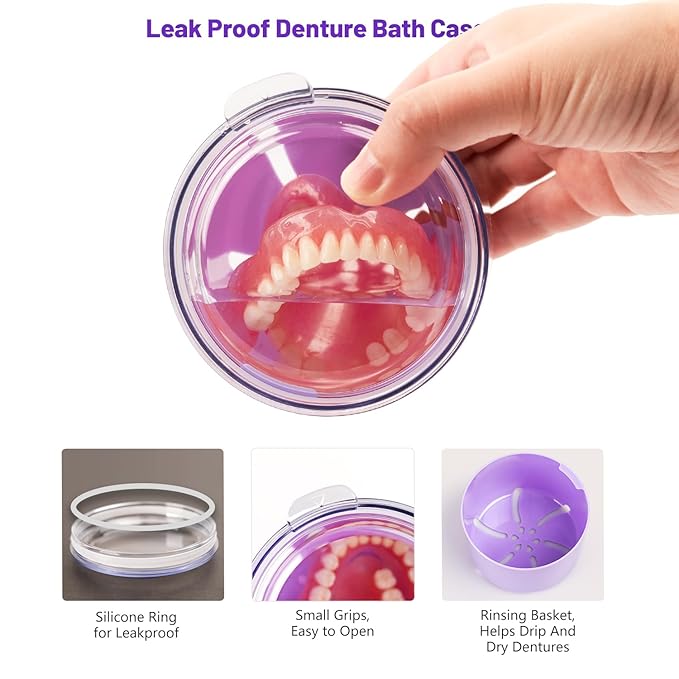 Denture Case, Leak Proof Denture Bath Cup, Full & Partial Denture Clean Holder Box with Strainer, Denture Brush, Denture Soaking Container Cups for Dentures, Retainers, Mouth Guard Case (Purple)