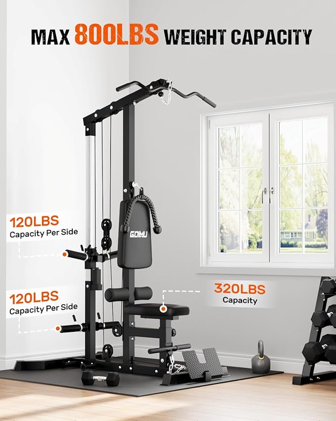 LS01 LAT Pulldown Machine, LAT Row Cable Machine with AB Crunch, LAT Tower with Cable Row Attachments, 3 in 1 Pulley Stations for Home Gym-StrideForce Fitness