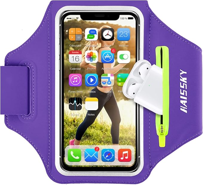 HAISSKY Cell Phone Running Armband with Airpods Zipper Pocket Armband Case Running Holder for iPhone 16/15/ 14/13 / 12 /11Pro Max,Galaxy S20 S10,Sweatproof Arm Band with Card/Key Bag-StrideForce Fitness