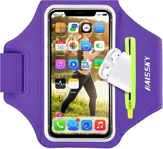 HAISSKY Cell Phone Running Armband with Airpods Zipper Pocket Armband Case Running Holder for iPhone 16/15/ 14/13 / 12 /11Pro Max,Galaxy S20 S10,Sweatproof Arm Band with Card/Key Bag-StrideForce Fitness
