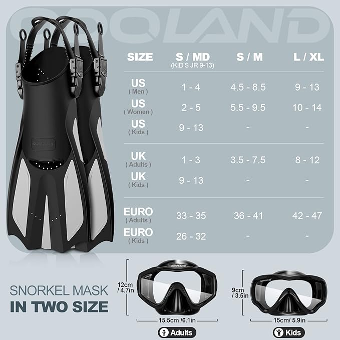 Odoland Kids Snorkeling Packages Snorkel Set, Dry Top Snorkel Mask with Adjustable Swim Fins for Boys and Girls Age 7-14-StrideForce Fitness