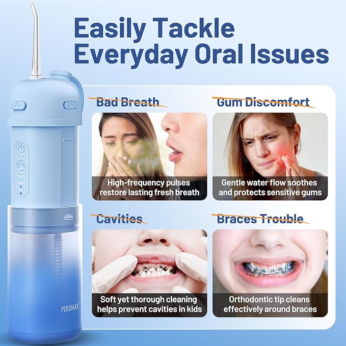 Water Flosser for Orthodontics Teeth Cleaning - Portable Electric Oral Irrigator Pick for Braces, Travel, Kids, with 3 Modes 8 Pressure Settings, 8 Tips, 150ML, IPX7, Gradient Blue